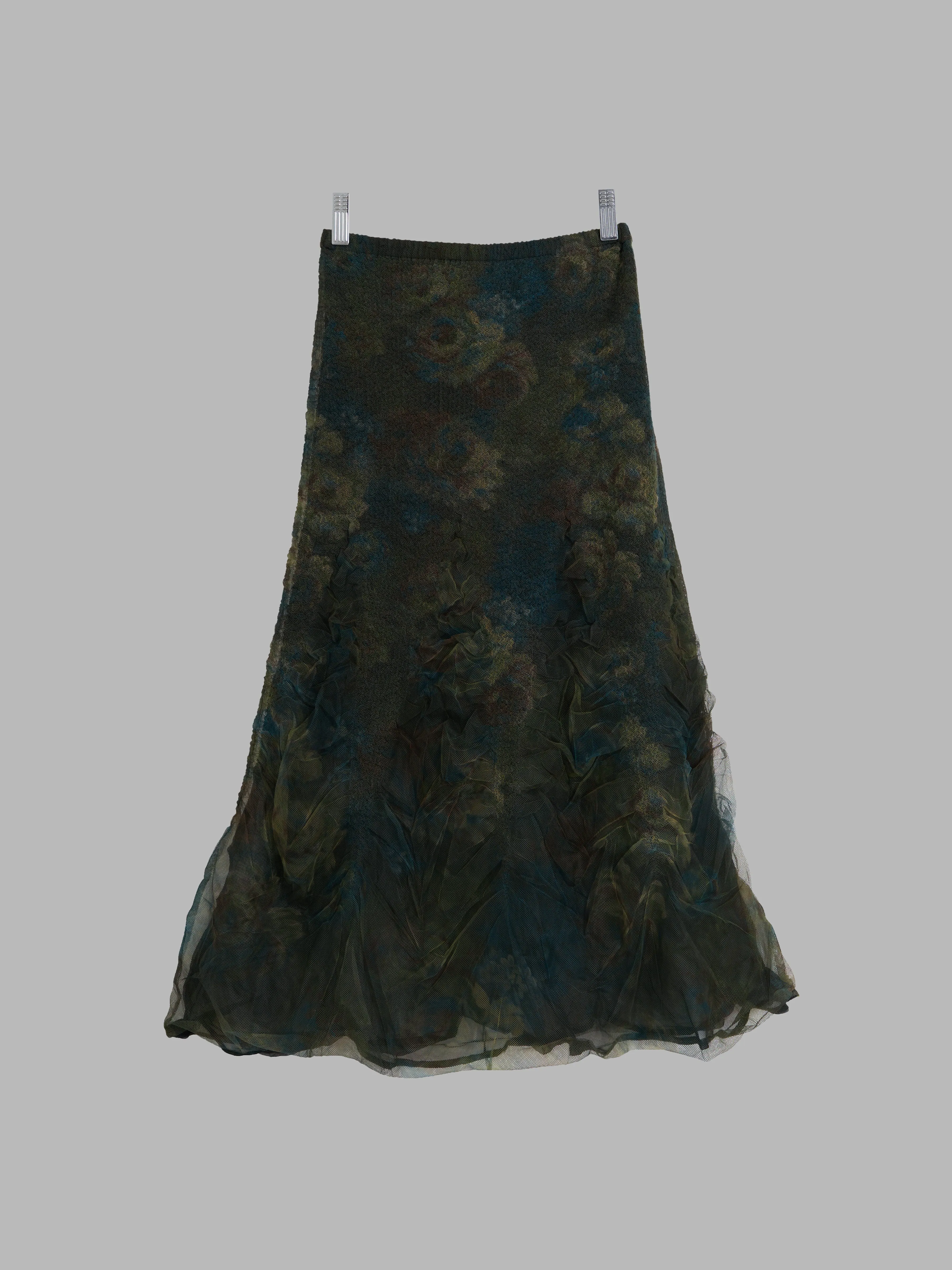 Yoshiki Hishinuma Peplum green floral print polyester layered mesh skirt - 1 S