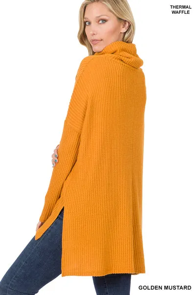 Zenana Brushed Thermal Waffle Cowl Neck Hi-Low Sweater