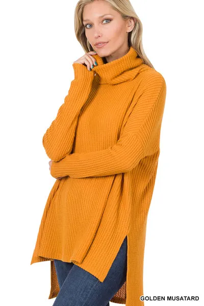 Zenana Brushed Thermal Waffle Cowl Neck Hi-Low Sweater