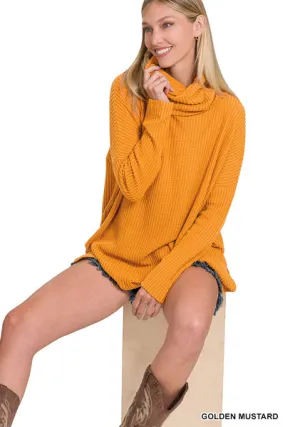 Zenana Brushed Thermal Waffle Cowl Neck Hi-Low Sweater