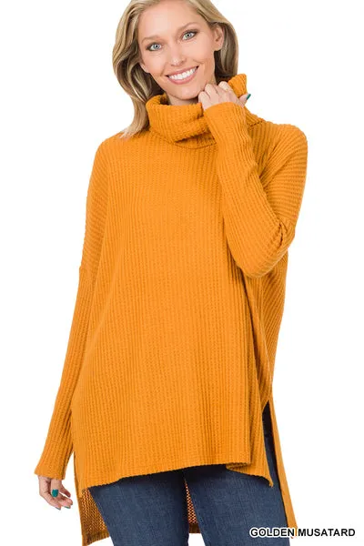 Zenana Brushed Thermal Waffle Cowl Neck Hi-Low Sweater